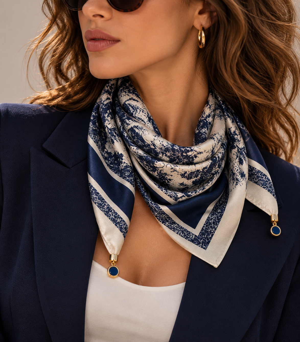 Satin Scarf with Blue Toile de Jouy Design