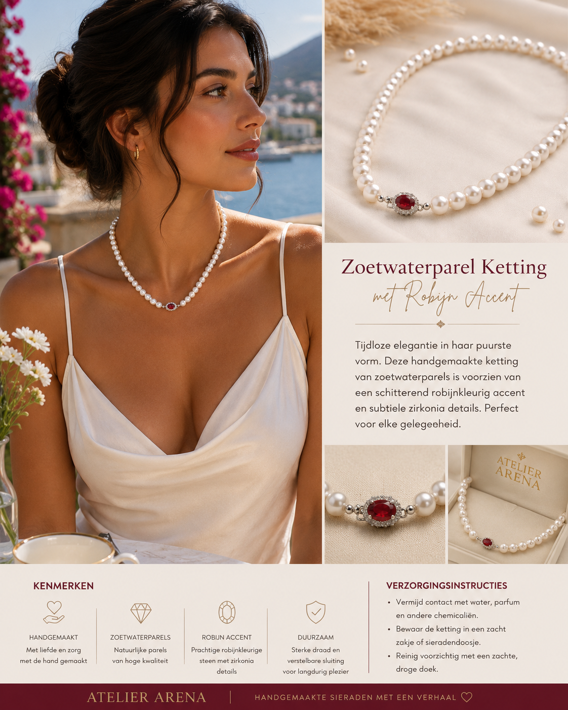 Freshwater Pearl Necklace with Red Gemstone