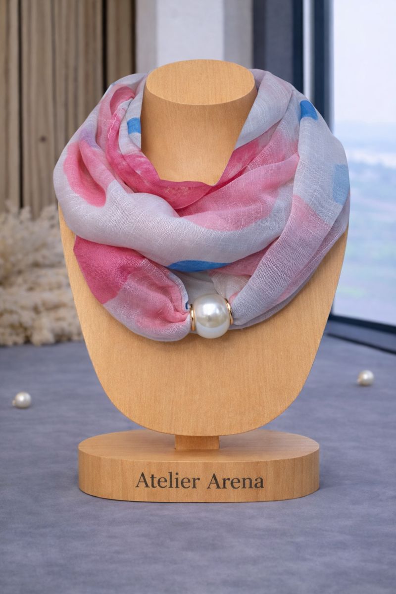 Silk Scarf with Pearl - Pink Blue Watercolor