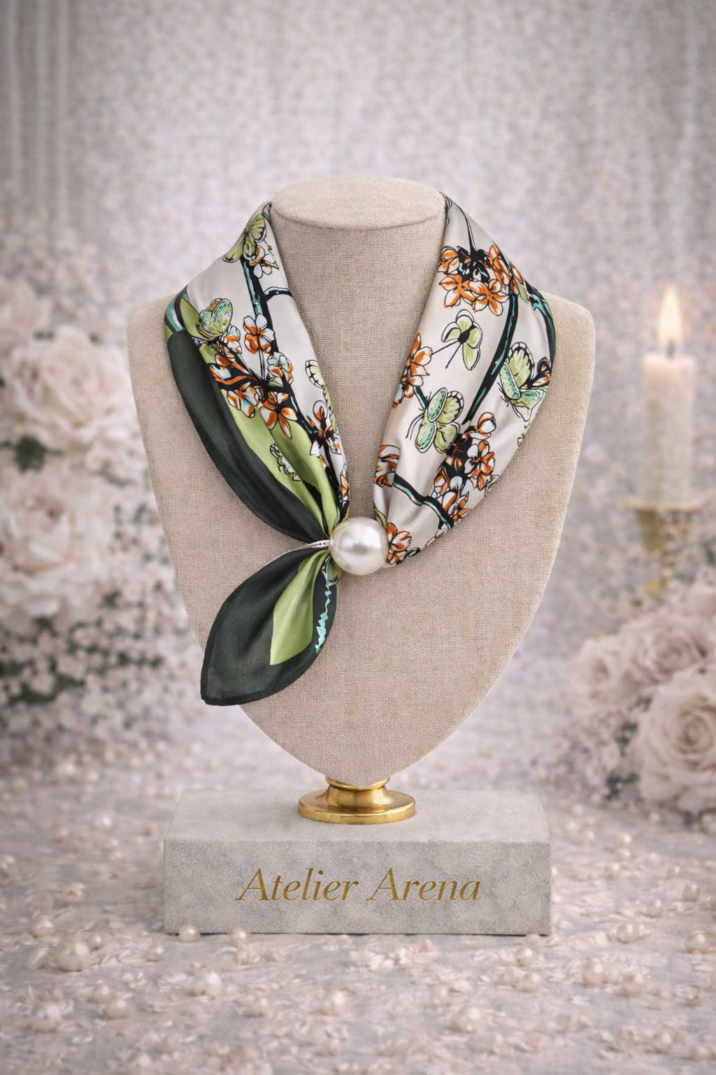 Floral Print Scarf Green with Pearl
