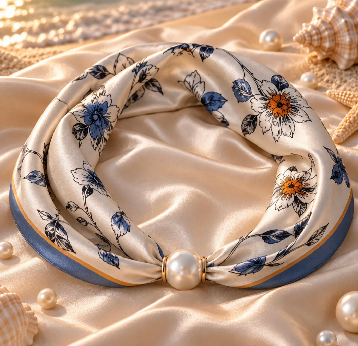 Orange Satin Scarf with Pearl