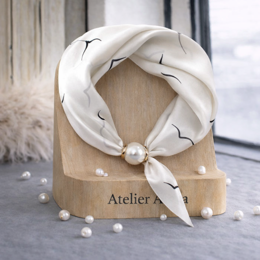 Luxurious Silk Scarf with Pearl and Black Birds - Ivory