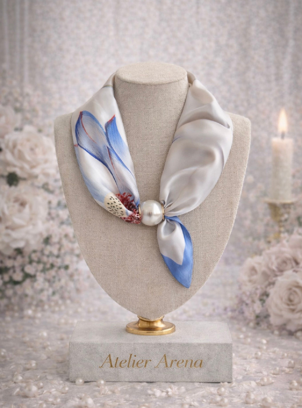 Blue Flower Scarf with Pearl