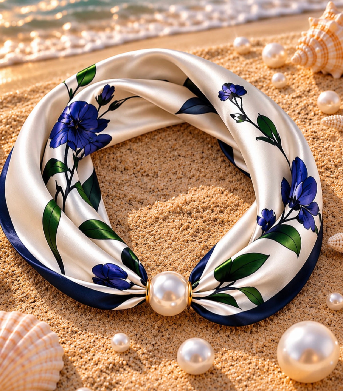 Cream Satin Scarf with Pearl