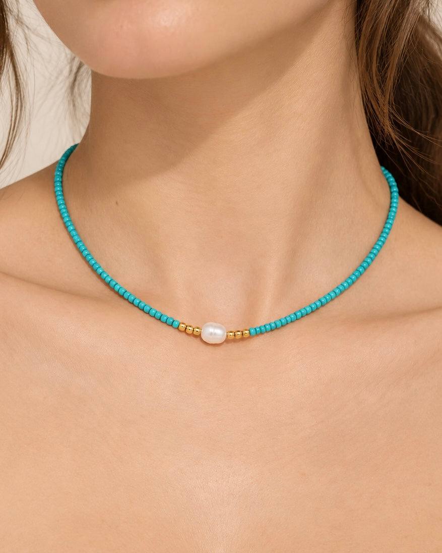 Aquamarine Necklace with Freshwater Pearl - Adjustable Choker
