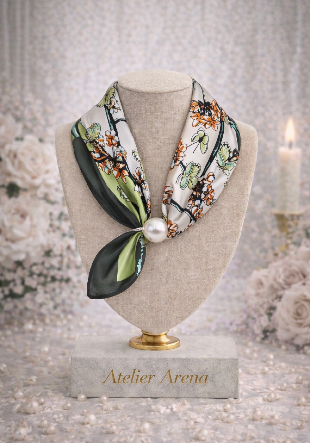Floral Print Scarf Green with Pearl