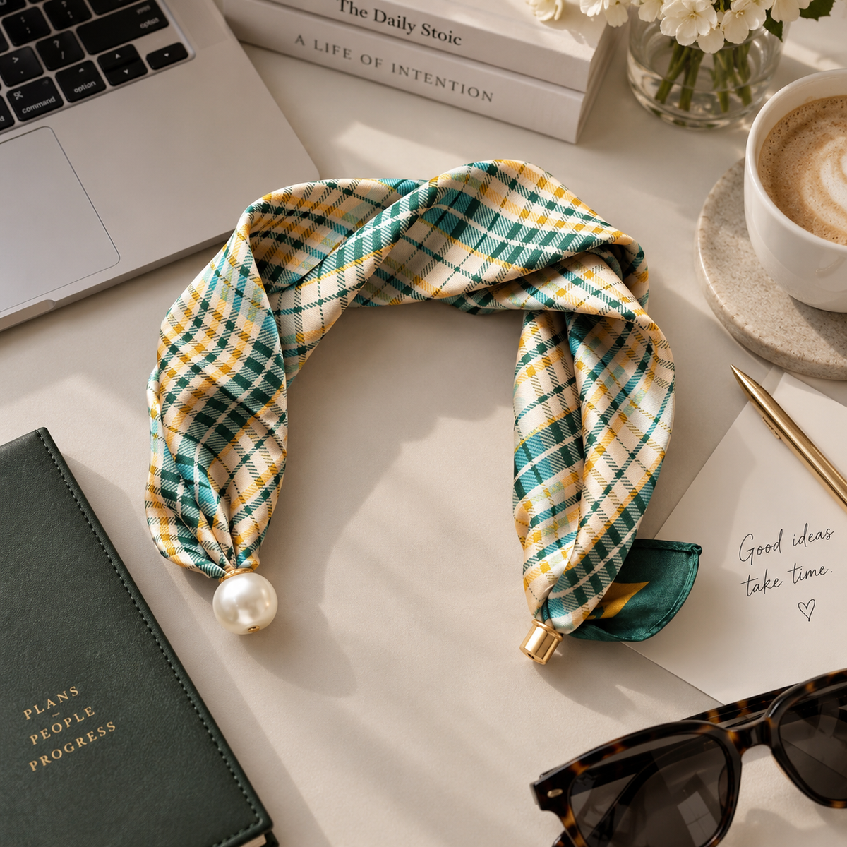 Emerald Pearl – Satin Scarf with Pearl Clasp