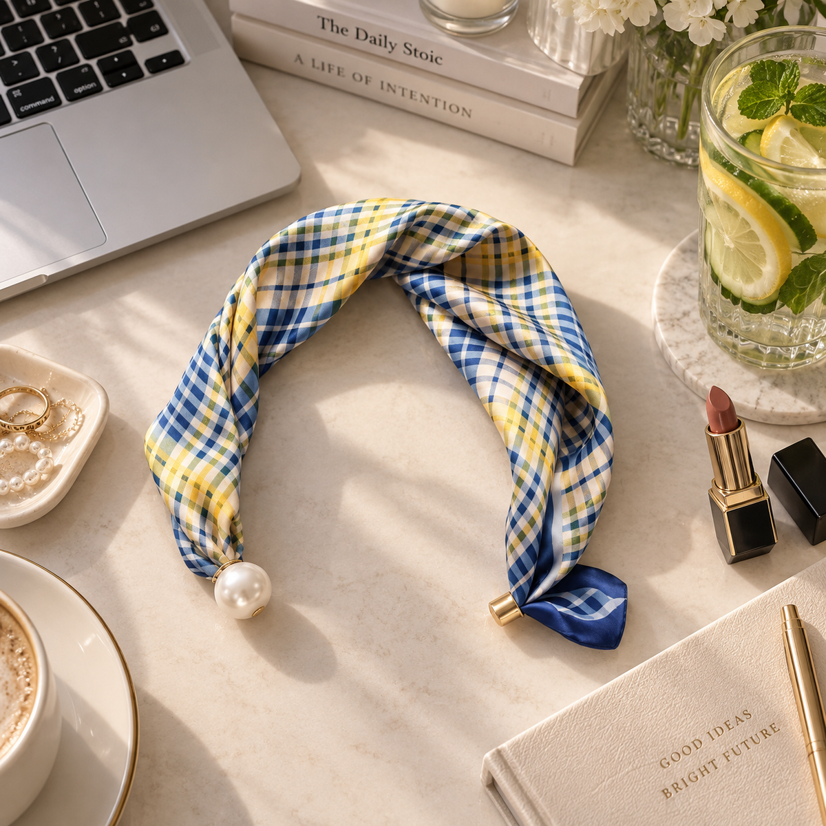 Blue Pearl – Satin Scarf with Pearl Clasp