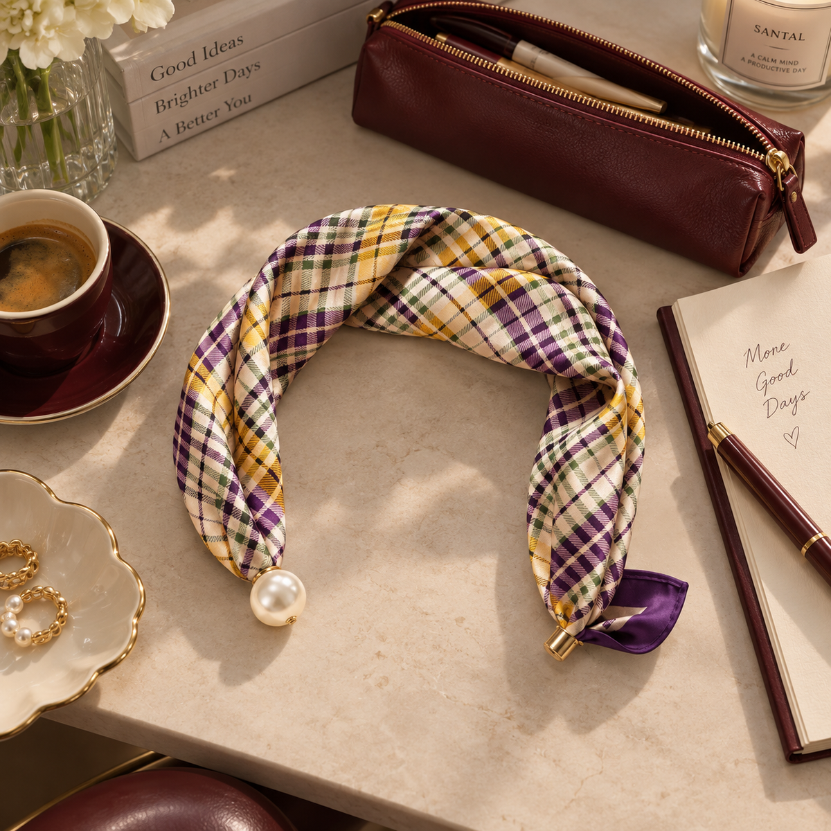 Purple Pearl – Satin Scarf with Pearl Clasp