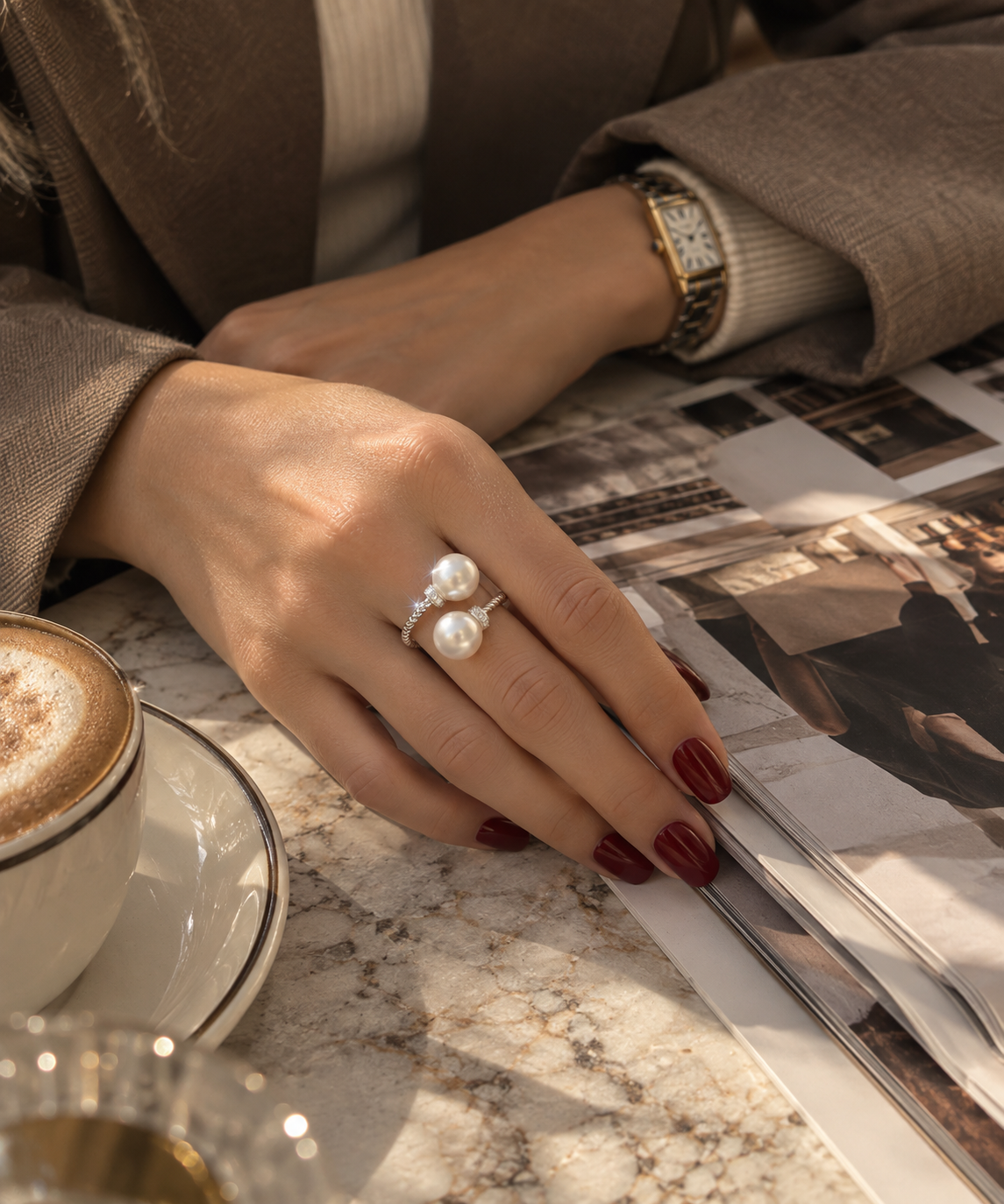 Double Pearl Ring with Twisted Band - Silver-Colored