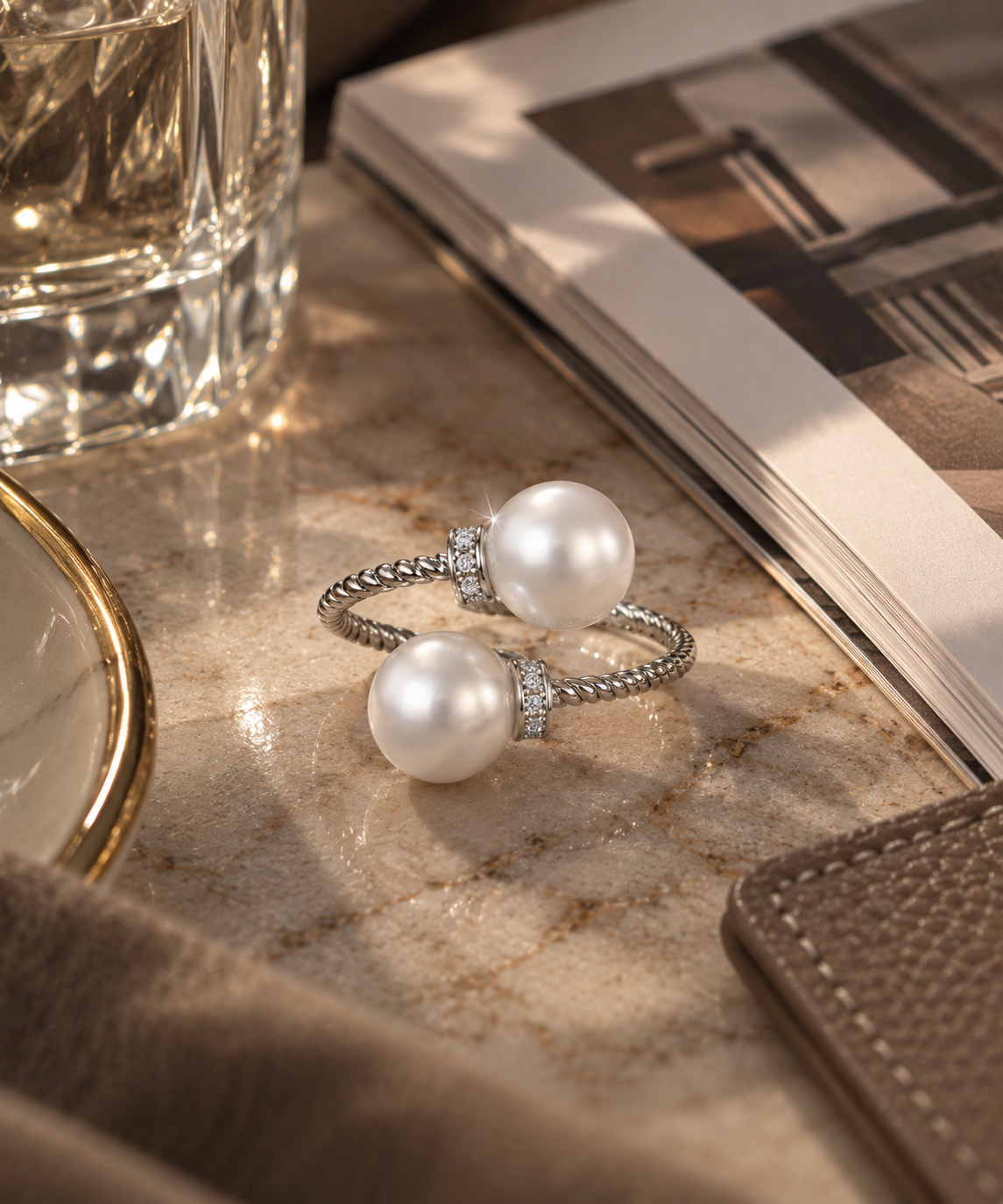 Double Pearl Ring with Twisted Band - Silver-Colored