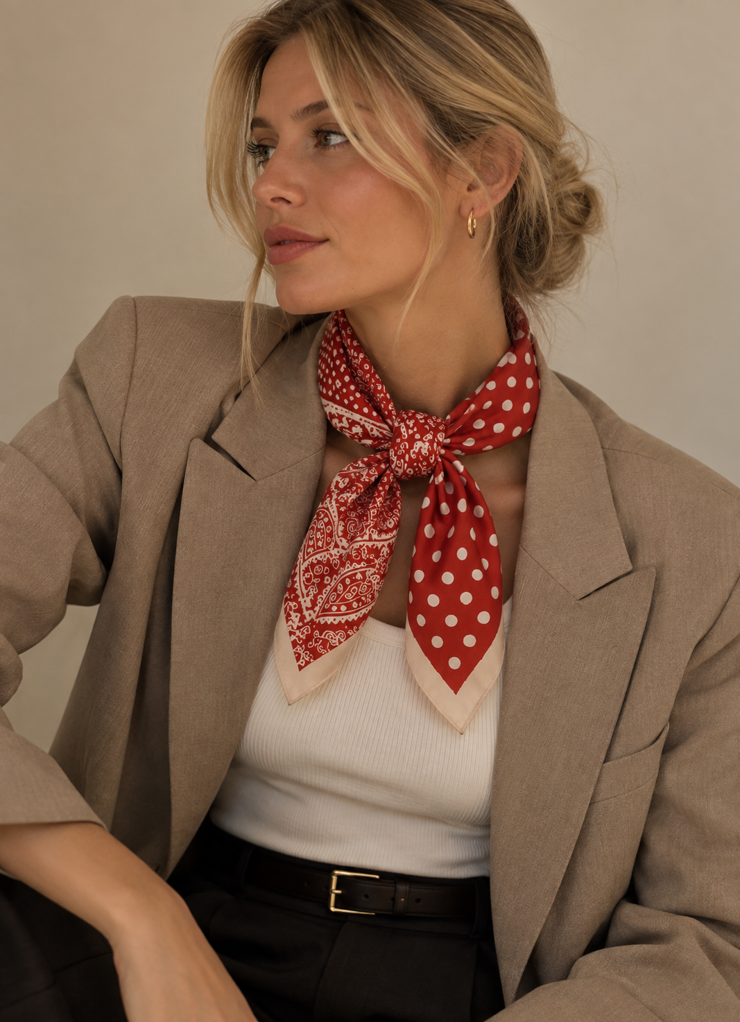 Satin Scarf with Red Polka Dot & Paisley Design