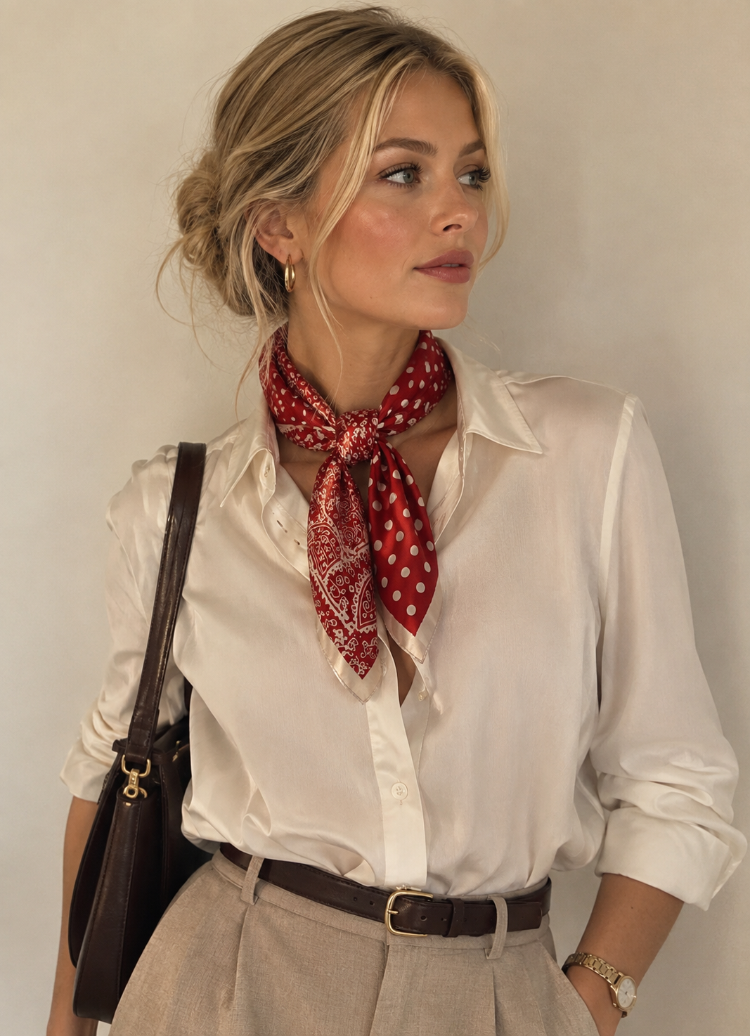 Satin Scarf with Red Polka Dot & Paisley Design