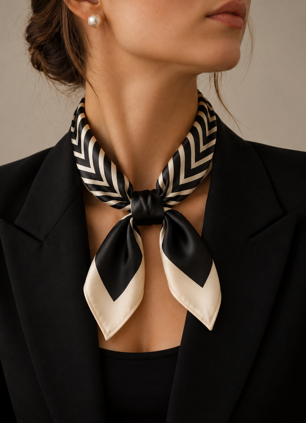 Black and White Satin Scarf with Graphic Pattern
