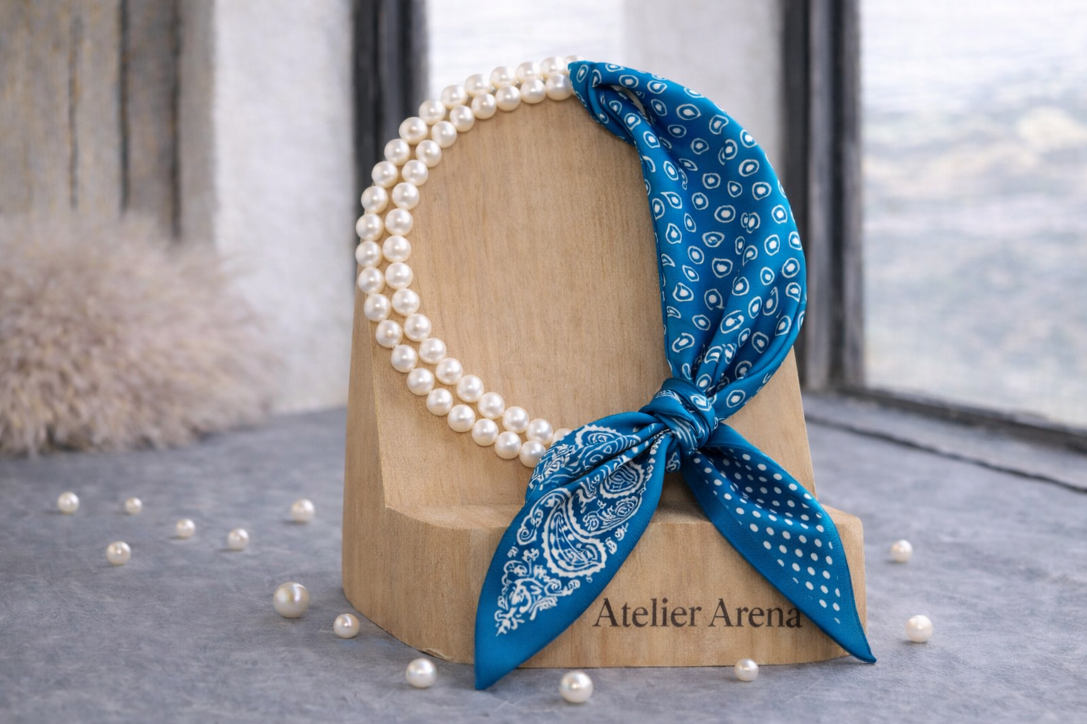 Blue Print Scarf with Pearl Necklace