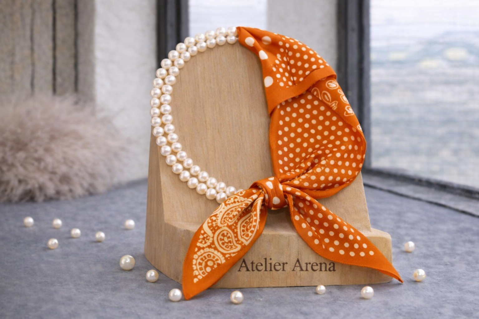 Orange Polka Dot Scarf with Pearl Necklace