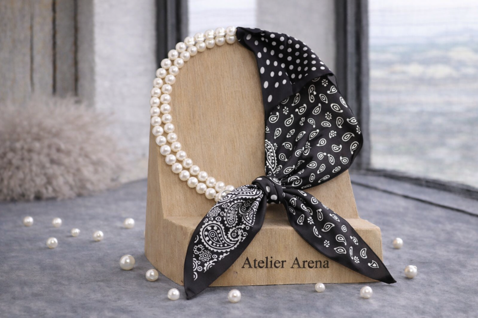 Black Print Scarf with Pearl Necklace