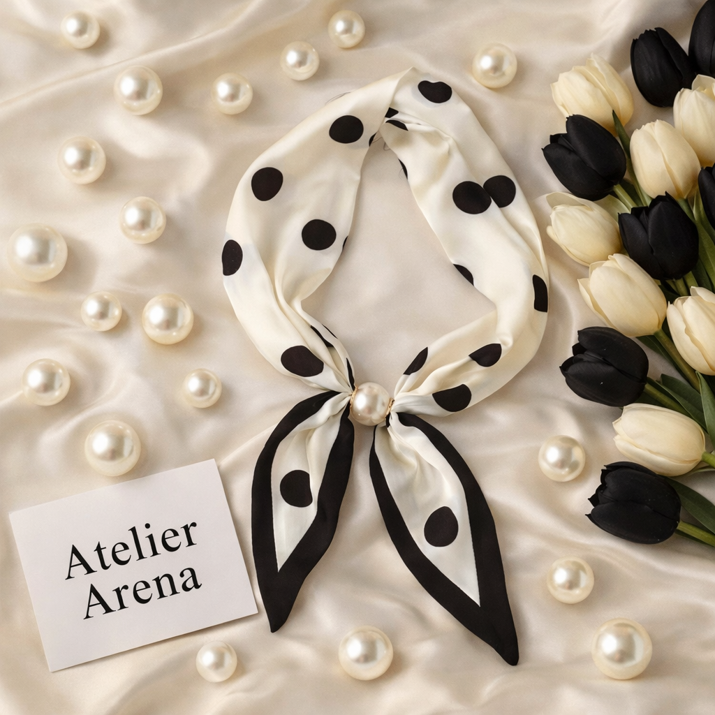 Black and White Polka Dot Scarf with Pearl Detail