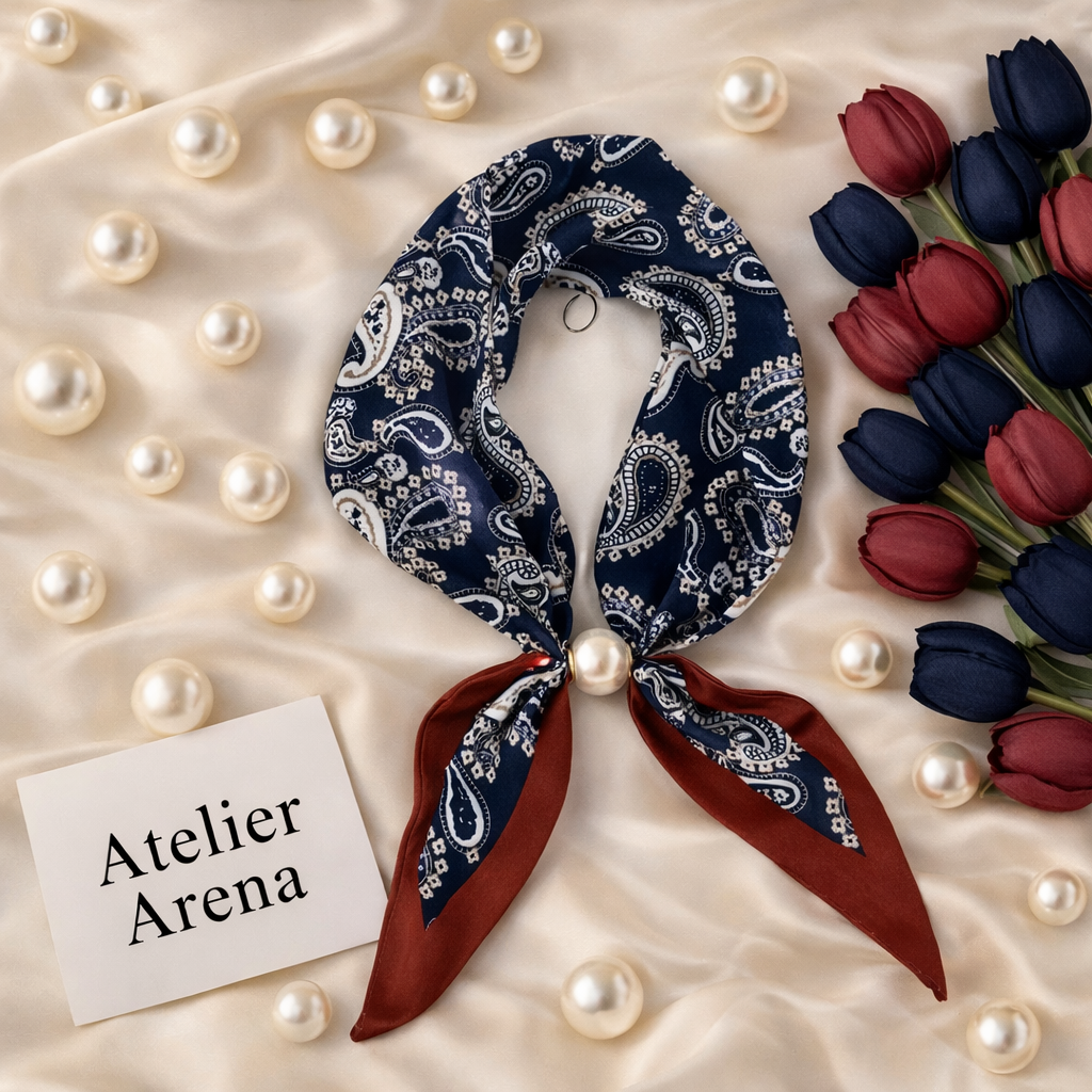 Blue-Burgundy Scarf with Pearl Detail
