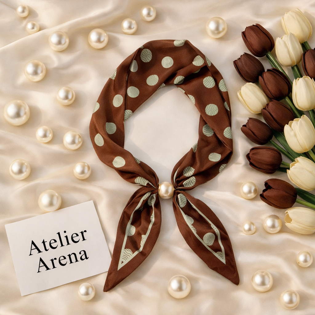 Brown Polka Dot Scarf with Pearl Detail