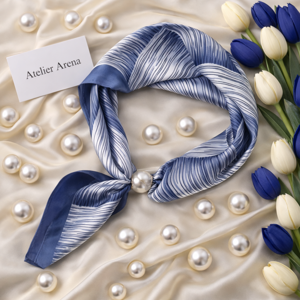 Blue and White Scarf with Pearl Detail