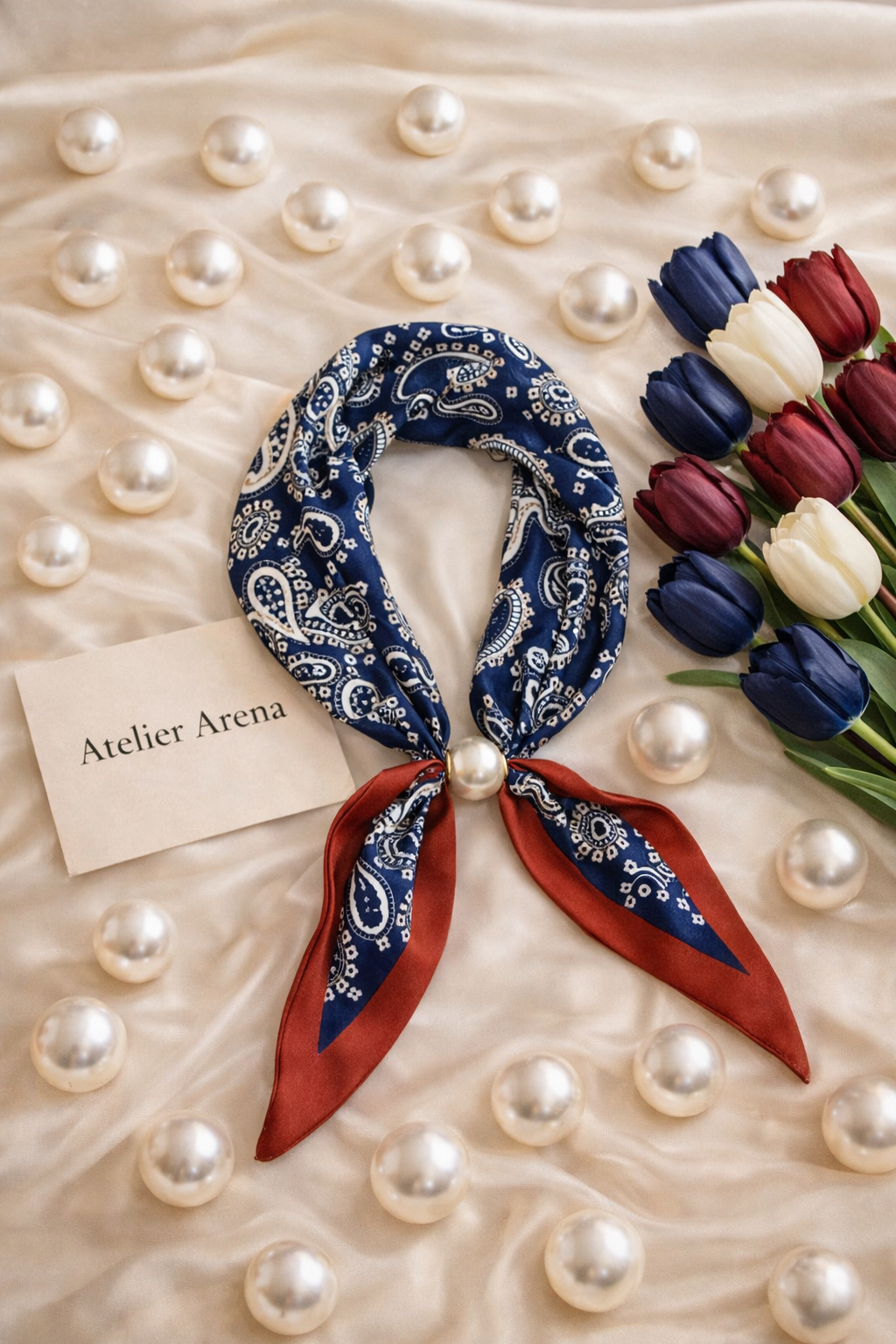 Navy Burgundy Scarf with Pearl and Paisley Pattern