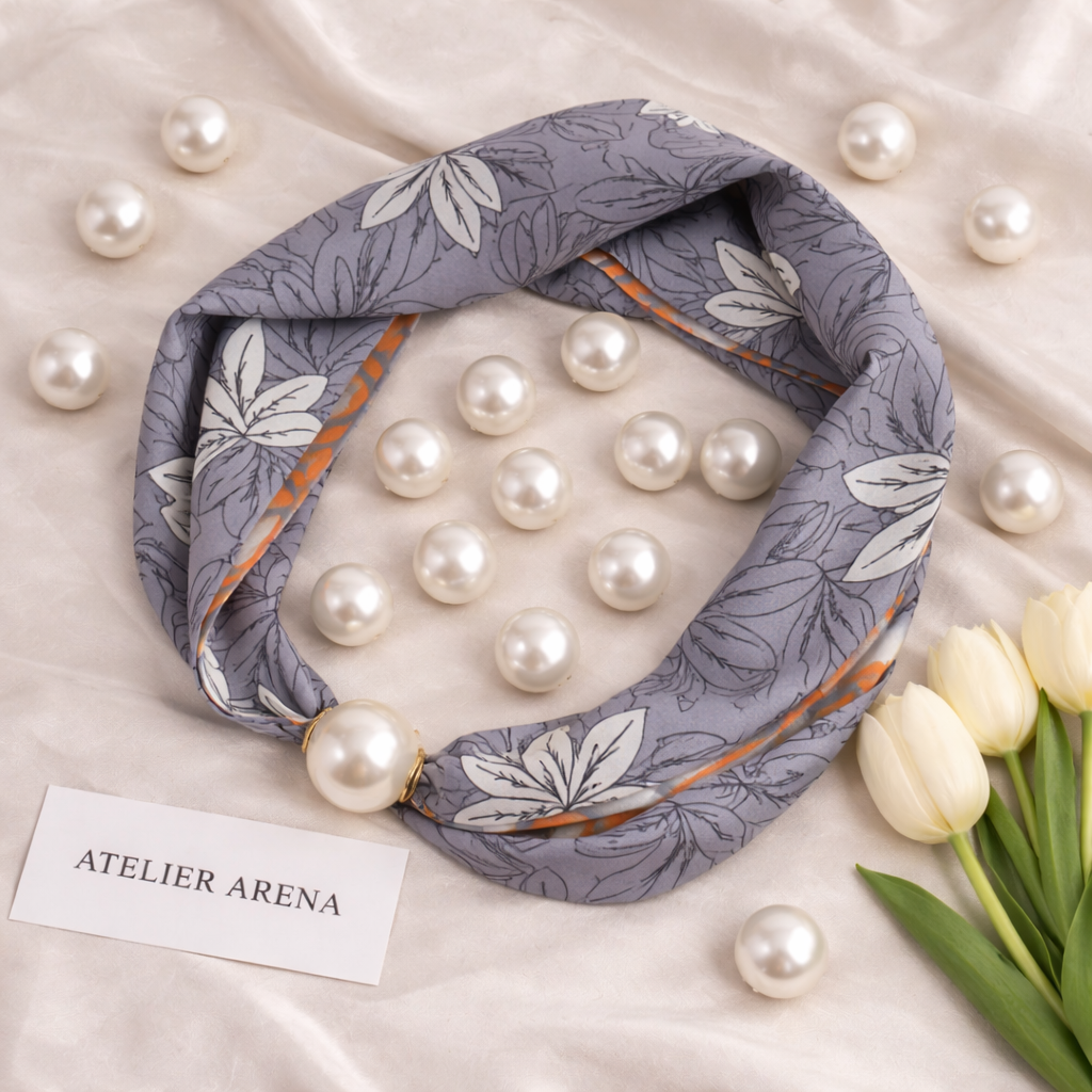 Scarf with Pearl Detail – Grey with Leaf Motif