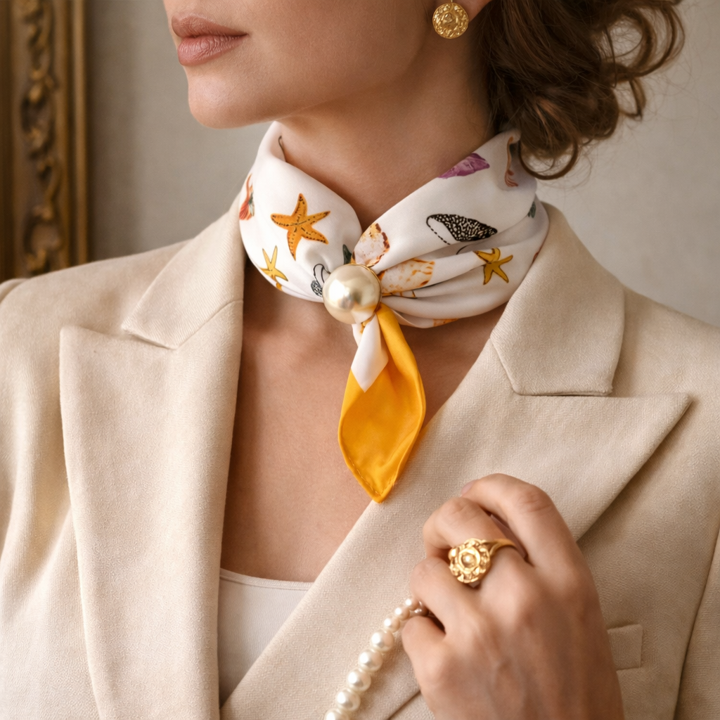 Star print summer scarf with pearl
