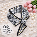Black and White Rose Print Scarf with Gold Trim