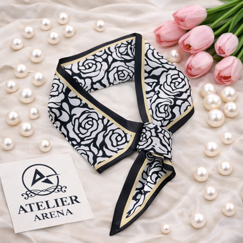 Black and White Rose Print Scarf with Gold Trim