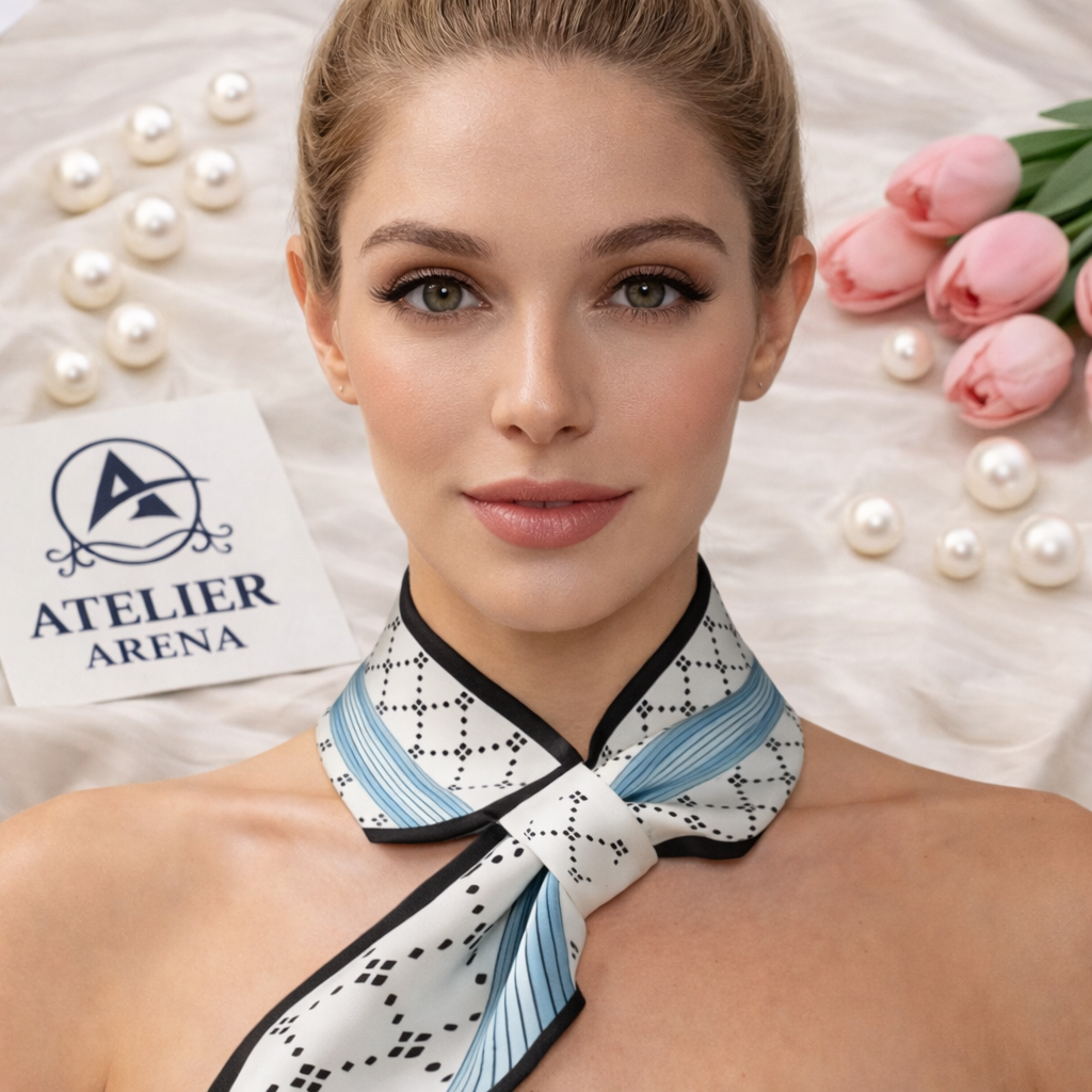 Blue and Black Geometric Scarf with Pearl
