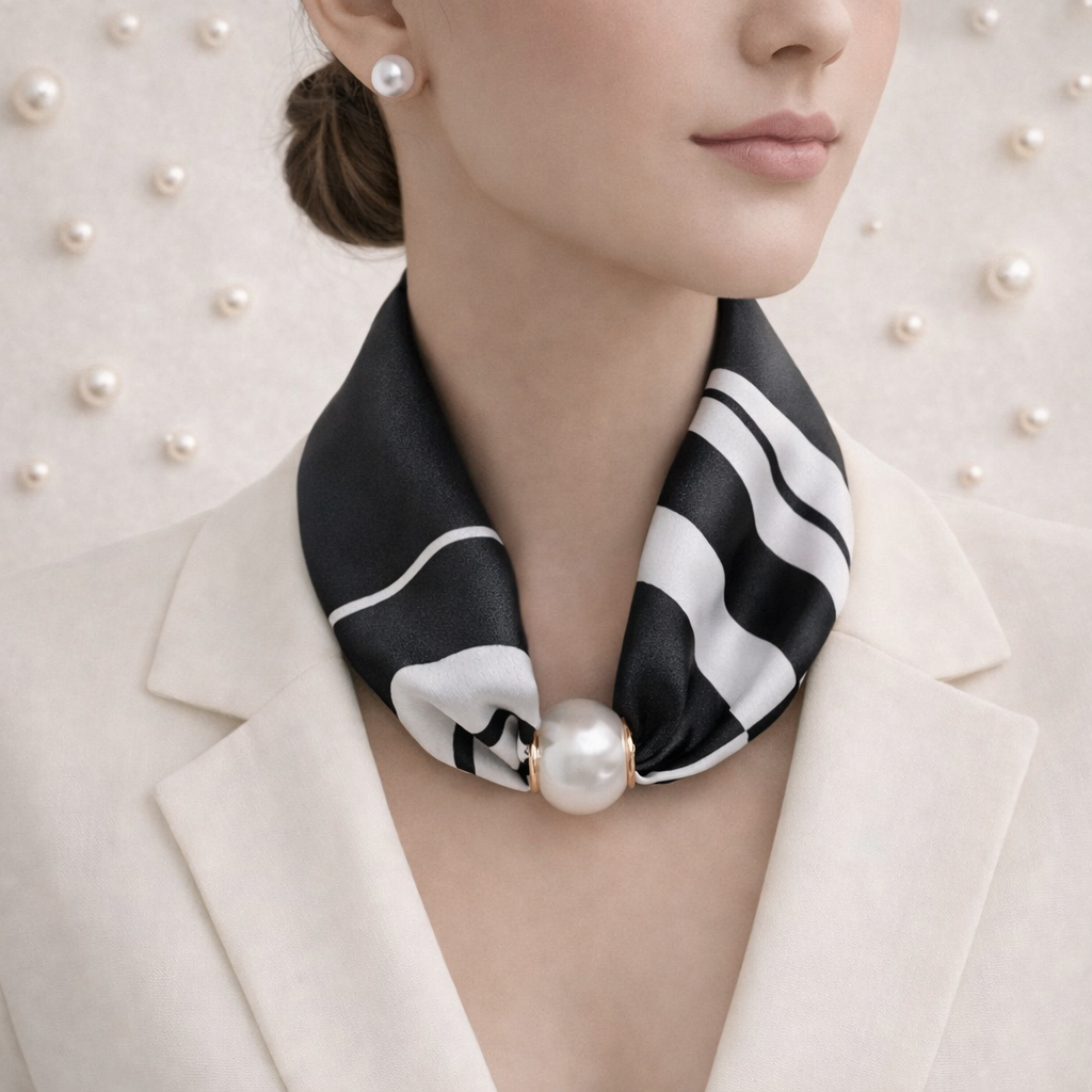 Scarf with Pearl Detail – Black White Pattern