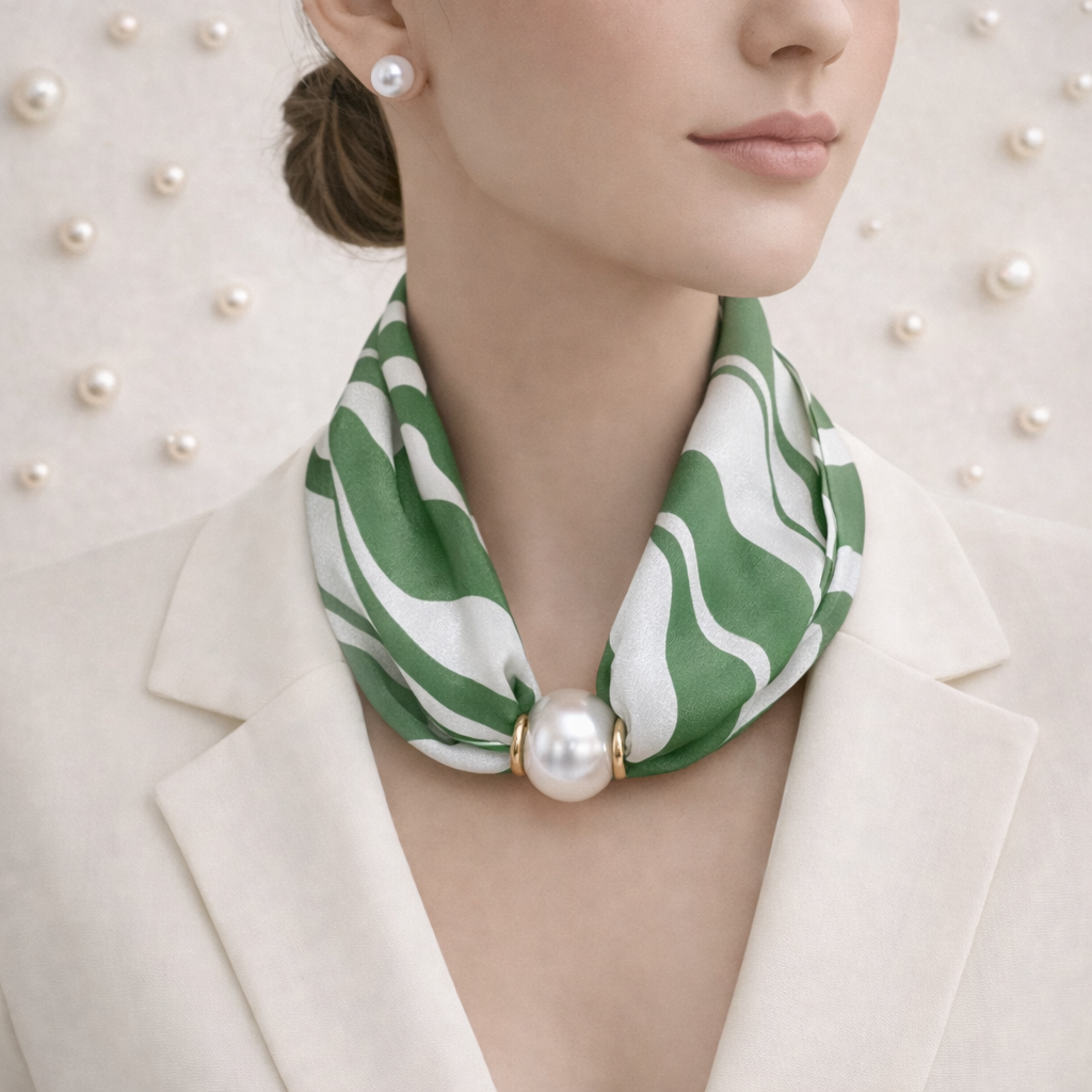 Scarf with Pearl Detail – Green White Pattern