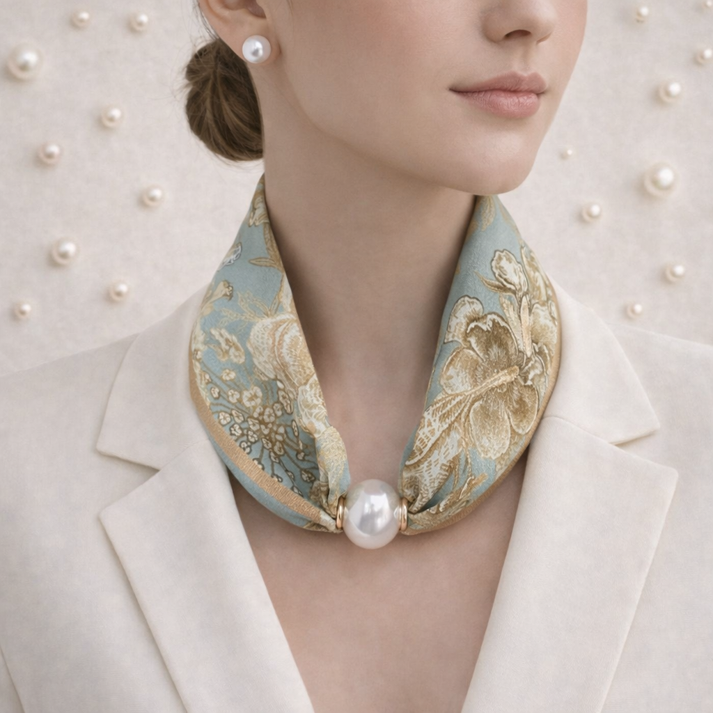 Scarf with Pearl Detail – Green Floral Pattern