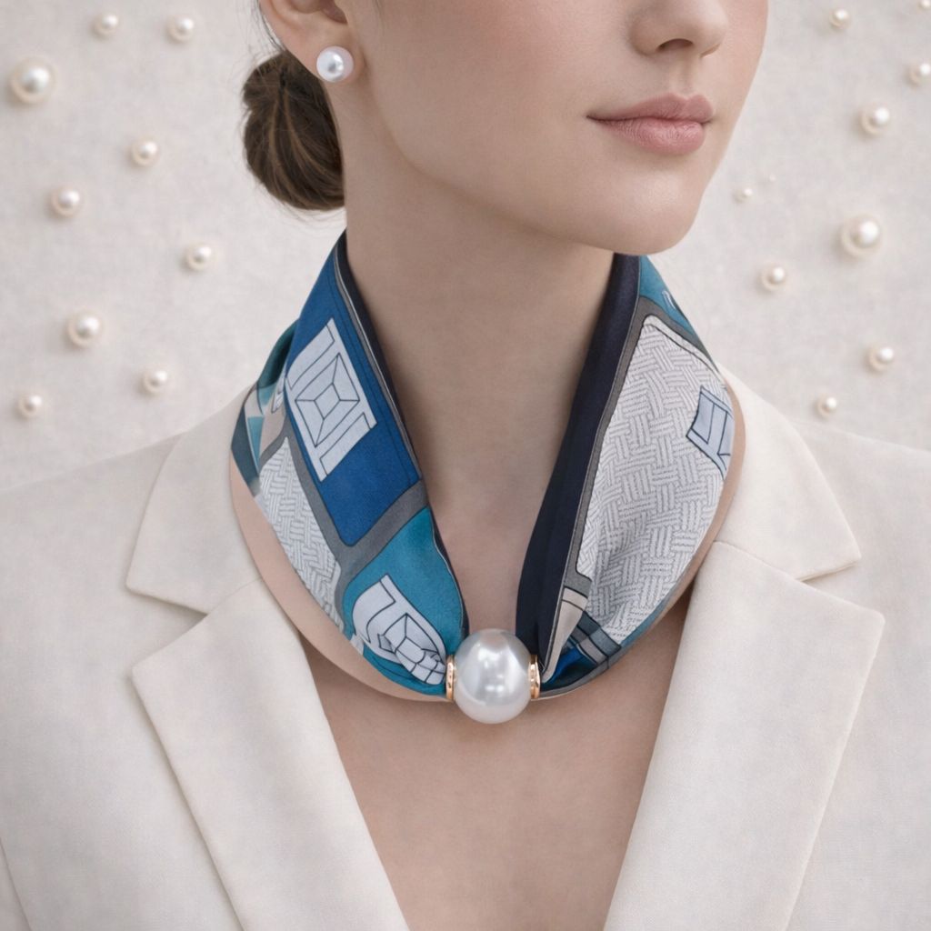 Scarf with Pearl Detail – Blue Grey Pattern