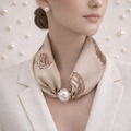 Beige-Brown Silk Scarf with Floral Motif and Pearl