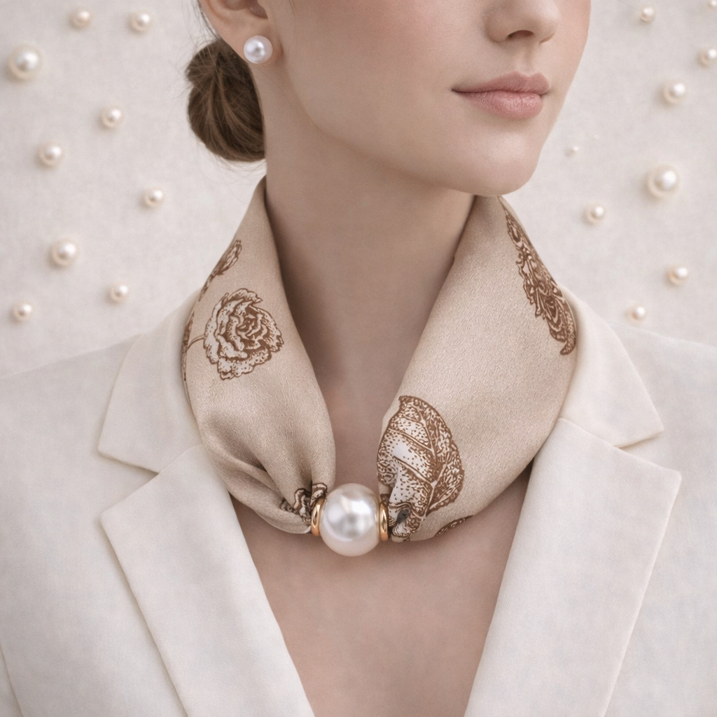 Beige-Brown Silk Scarf with Floral Motif and Pearl