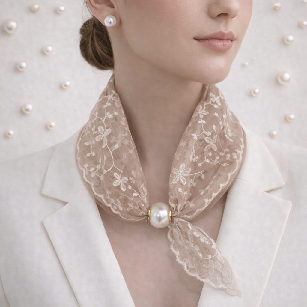 Beige Lace Pearl Scarf