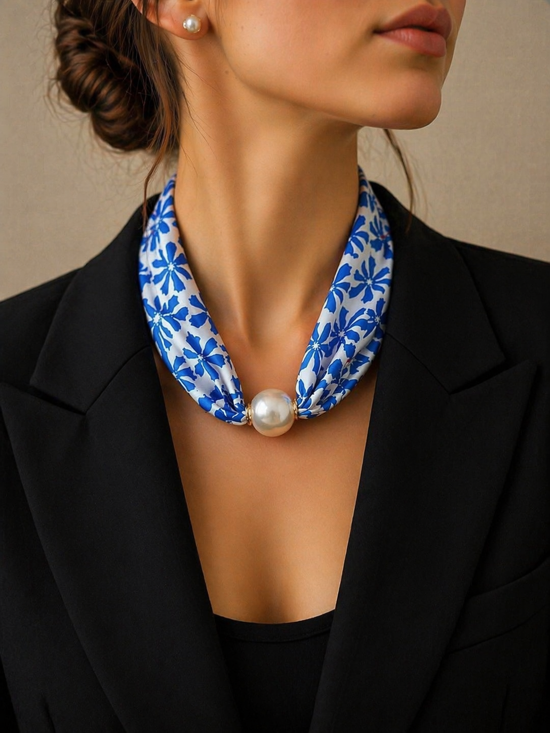 Satin Scarf with Pearl – Blue Floral Chic