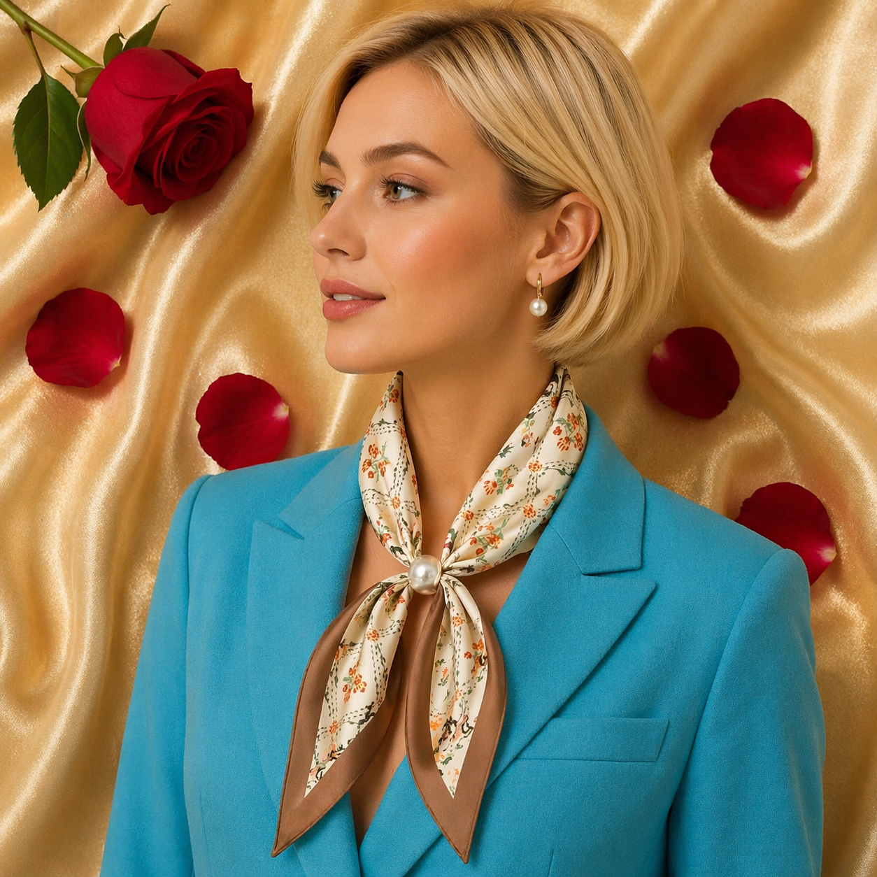 Beige Scarf with Floral Print and Pearl