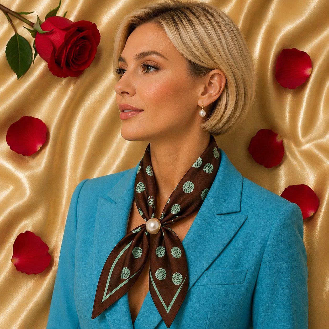 Brown Polka Dot Scarf with Pearl Detail