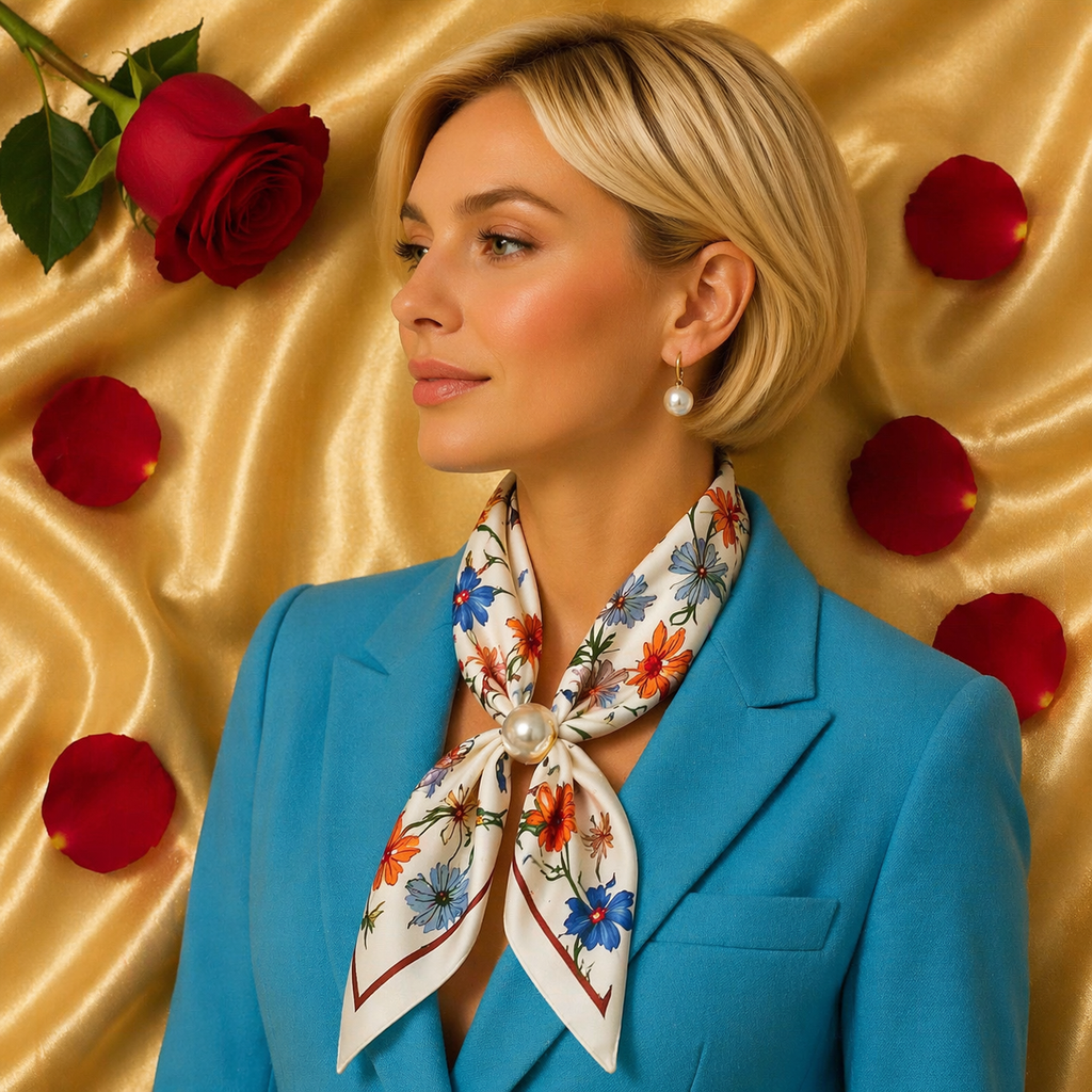 White Scarf with Floral Print and Pearl