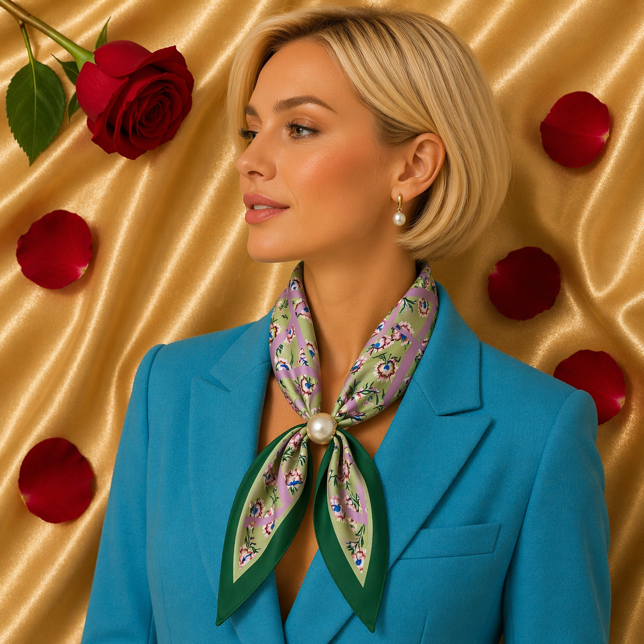 Green-Purple Scarf with Floral Print and Pearl