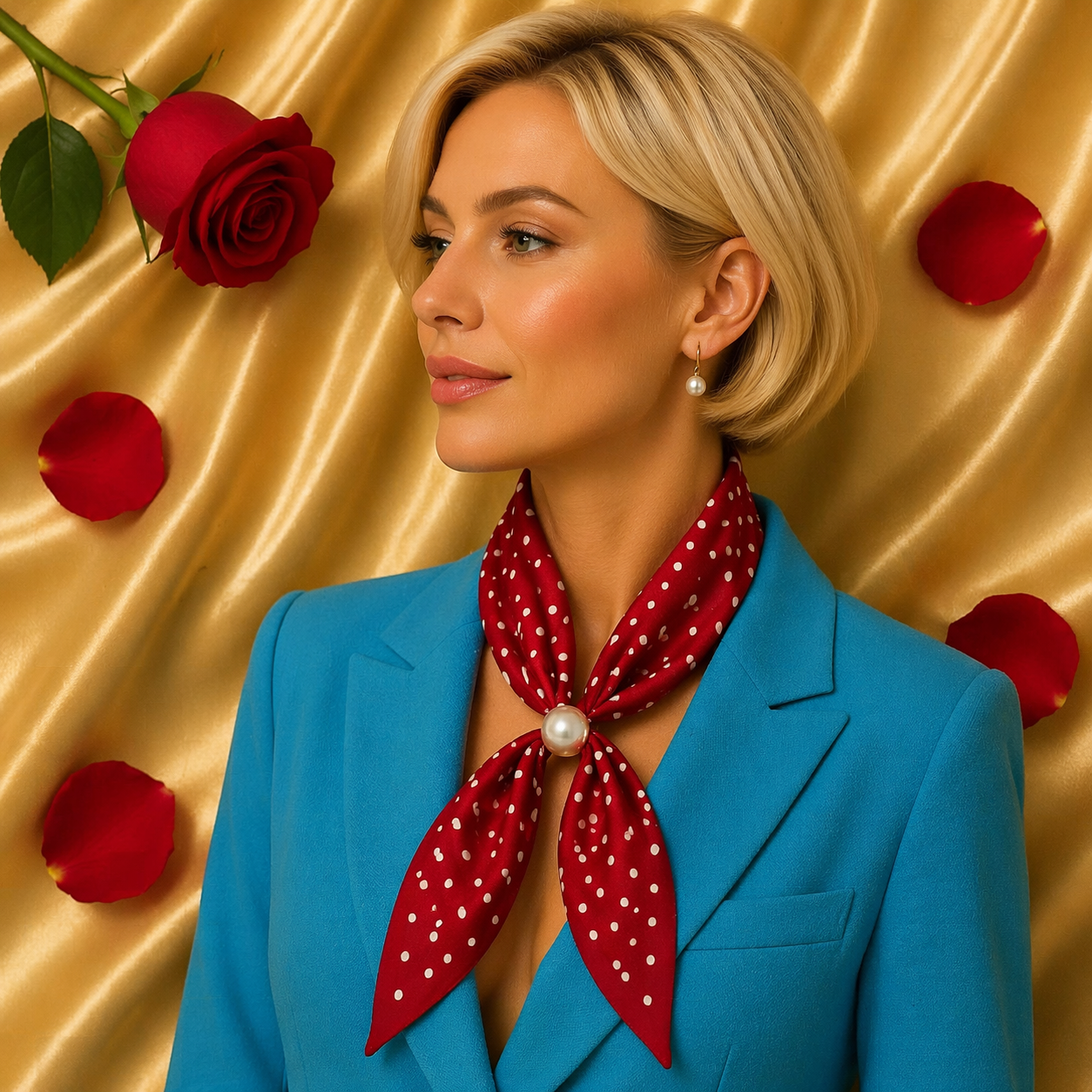 Red Scarf with White Dots and Pearl
