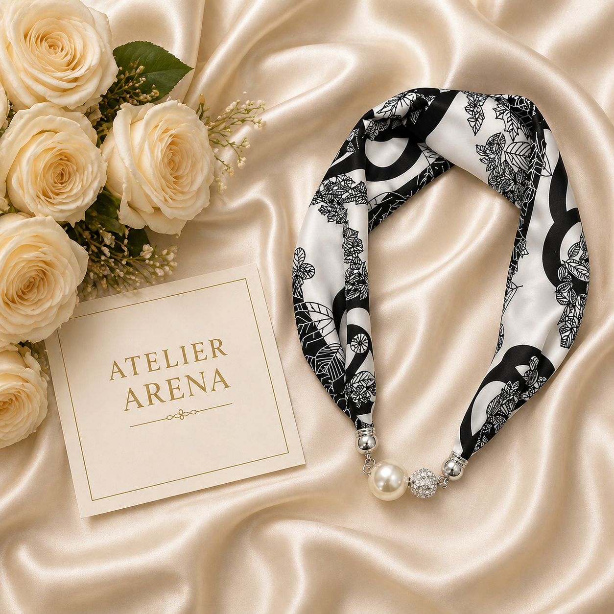 Luxury Satin Scarf with Magnetic Pearl Closure – Black White Design