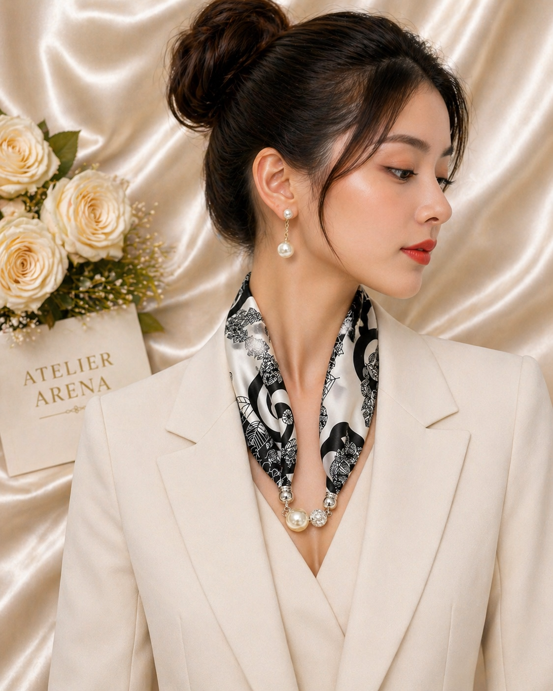 Luxury Satin Scarf with Magnetic Pearl Closure – Black White Design