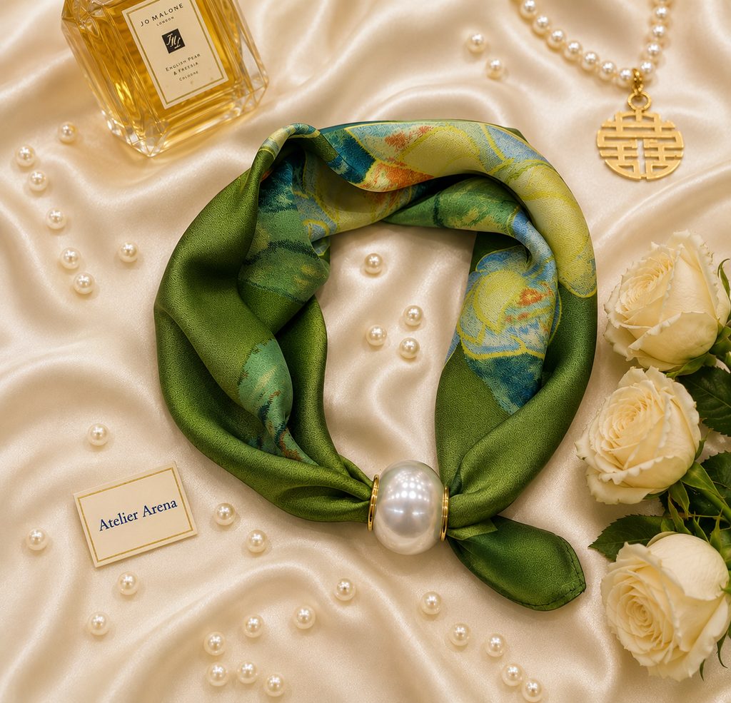 Olive Green Satin Scarf with Magnetic Pearl Clip