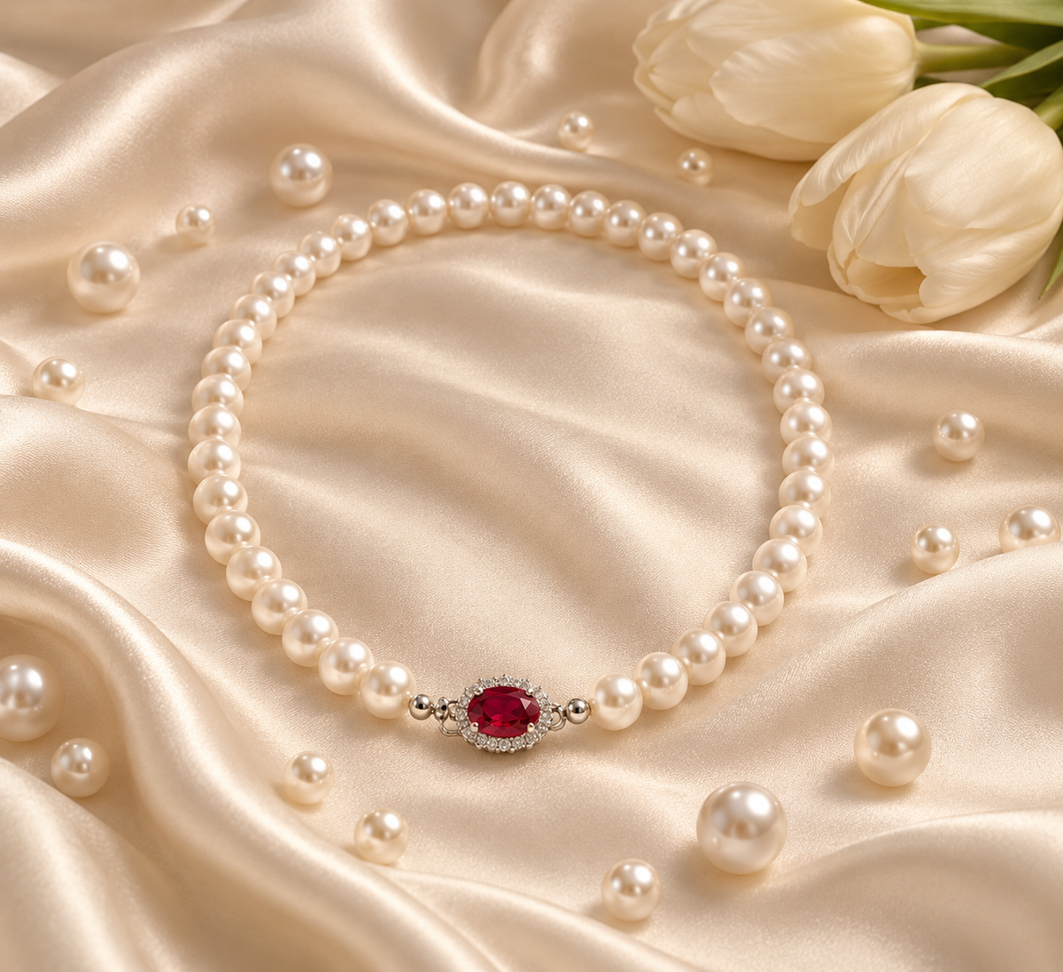 Freshwater Pearl Necklace with Red Gemstone