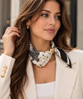 Black and White Satin Paisley Scarf with Gold-Colored Detail