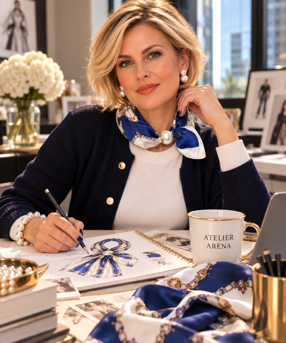 Royal Blue Luxury Scarf with Pearl Clasp